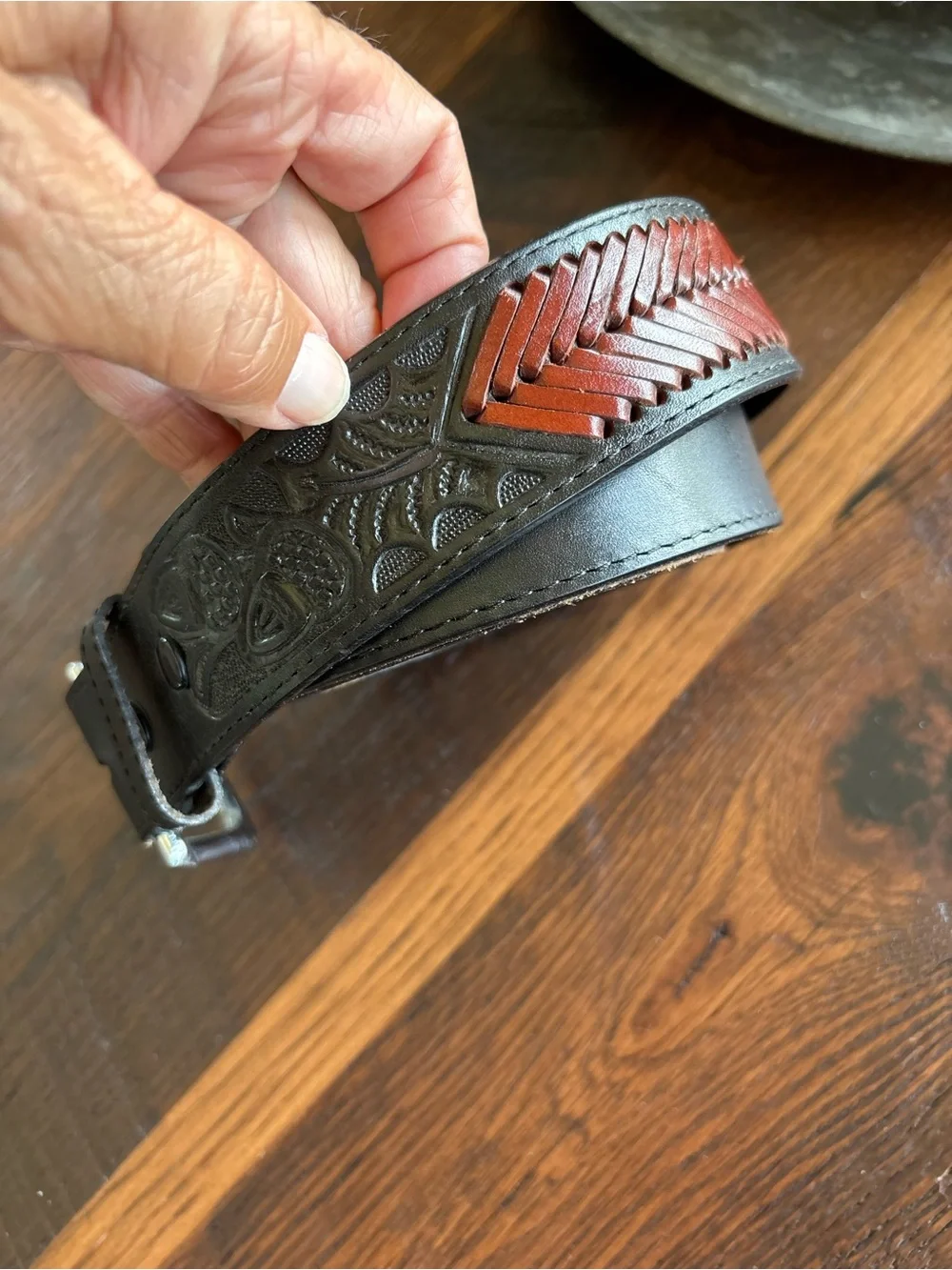 Western Hand Tooled Leather Rodeo Black/Brown Leather Belt, Cowboy, Unisex 34